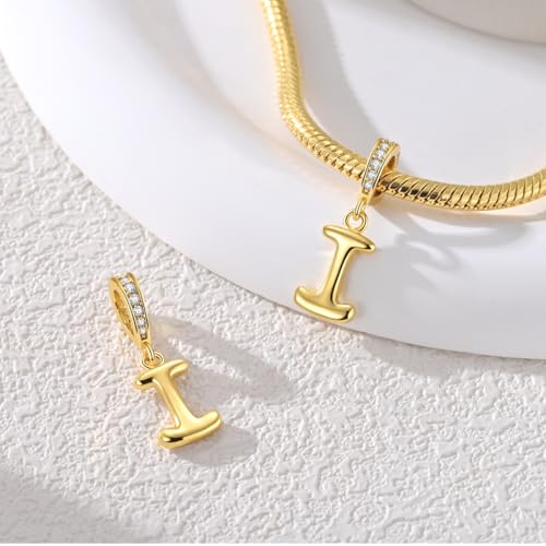 Hapour Gold Initial Letter Charms 925 Sterling Silver Alphabet Beads | 14K Gold Plated, A-Z Letter Charms, For Bracelets Necklace, Cubic Zirconia, DIY Dangle Pendant Beads, For Women Mom - color: Golden initial letter I