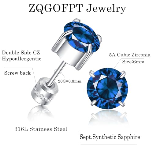 Titanium Flat Back Surgical Stainless Steel Stud Earrings for Women Men,Birthstone Stud Earrings Hypoallergenic Double Side 5A Cubic Zirconia Studs Jewelry 6mm - color: September(Sapphire)