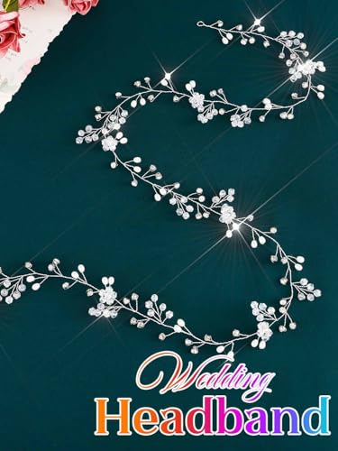 Catery Rhinestone Bridal Hair Vine Headband Silver Wedding Headpiece for Bride Prom Hair Accessories