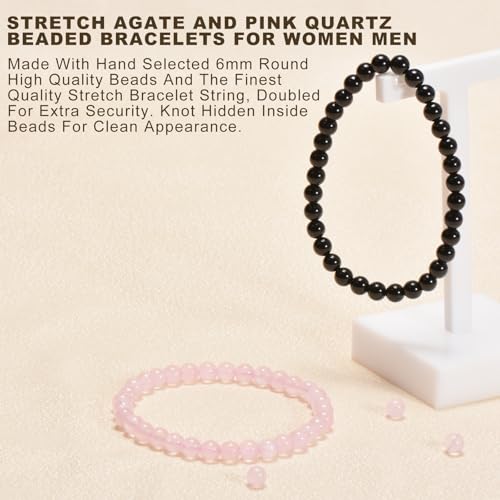 2PCS Agate Bracelet for Women Men Natural Round Beaded Agates Stone Healing Stretch Bracelets Elastic Handmade Polished Gemstone Beads Bracelet - color: Black+Pink Quartz, size: 6mm Beads