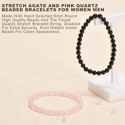 2PCS Agate Bracelet for Women Men Natural Round Beaded Agates Stone Healing Stretch Bracelets Elastic Handmade Polished Gemstone Beads Bracelet - color: Black+Pink Quartz, size: 6mm Beads