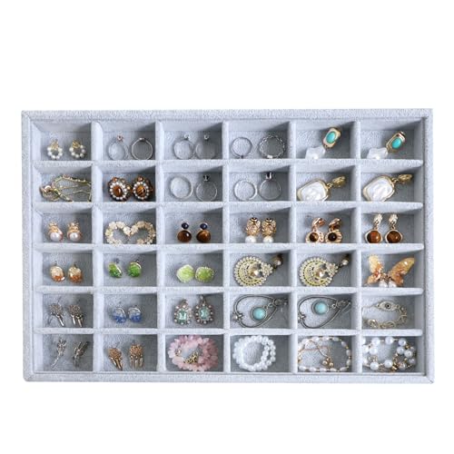 Wudygirl Earring Organizer Jewelry Tray for Drawer 13.7"x9.4" Gray | 36 Grid Jewelry Organizer with Velvet Liner, Jewelry Tray for Storage, Ideal for Dresser Drawer, Gift Giving, Stackable - color: Gray 36 Grid, size: 1 Pcs
