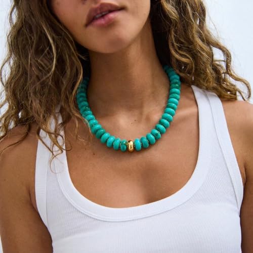 Chunky Beaded Necklace for Women Boho Statement Bead Necklace Adjustable Choker with Polished Disc/Square Beads Trendy Summer Beach Jewelry Gifts - color: Turq