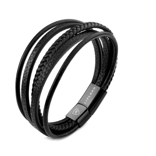 LONDON Mens Bracelet Leather Black Multi-Layer Stone Beads Adjustable Steel Clasp Viking Rope Bands Surfer Man Wristband Male UK Jewellery Gift box Boyfriend Dad Son Brother Tiger Eye - color: C. 19-22cm Black Leather Adjustable, size: Small to Medium 18-