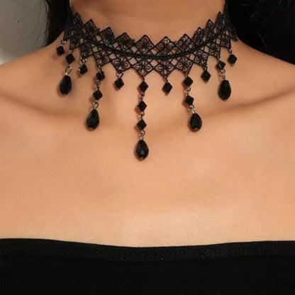 Black Gothic Vampire Necklace for Women Vintage Lace Rose Flower Witch Choker Collar Necklace Halloween Dark Bridal Cavewoman Costume Jewelry - style: black B
