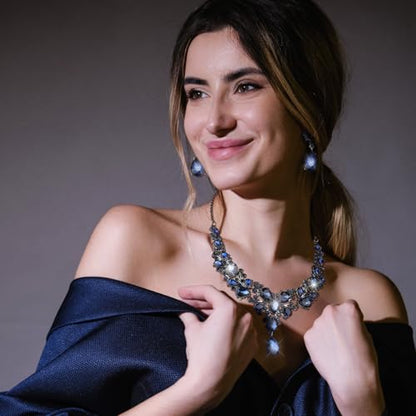Hicarer Bridal Teardrop Cluster Crystal Jewelry Set for Women Necklace Earrings Wedding - color: Dark Blue