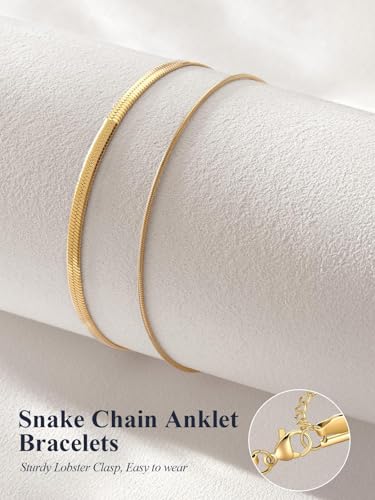 U7 Silver/Gold/Black Ankle Bracelets for Women Layered Chain Anklets | Stainless Steel Anklets Waterproof Summer Beach Anklet Charm, Adjustable 8.5"-10.5",Layered Anklet Fashion - color: Gold - Flat Snake Chain+Snake Chain