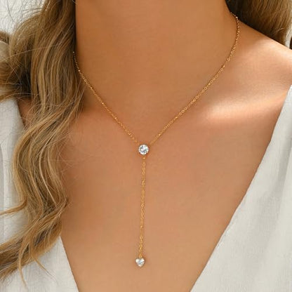 Dainty Y-Shaped Lariat CZ Drop Charm Pendant Necklaces for Women - color: Round-CZ-GD