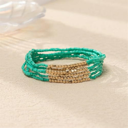 Boho Stackable Seed Beaded Bracelet Set for Women Colorful Multilayered Gold Beads Stretch Bracelets Summer Beach Bohemian Jewelry Gift - color: Green