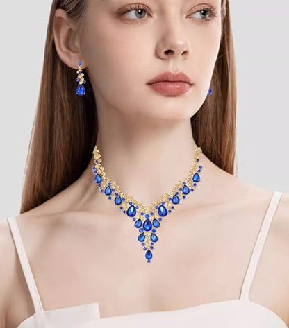 CSY Elegant Crystal Costume Jewelry Sets Flower Bridal Necklace Earrings Stretch Bangle Set for Bride Bridesmaid Wedding Dress Accessories - color: Sapphire blue-gold tone