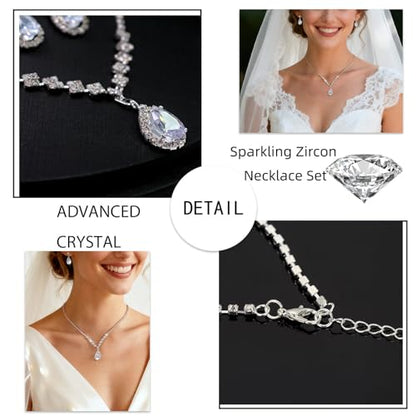 Women's Fashion Jewelry Rhinestone Zircon Necklace and Earring Set Formal Ball Gown Accessories Silver Floral Pendant Bridal Wedding Jewelry Suitable for Weddings, Balls, Banquets, and All Special Occasions - style: TL069S