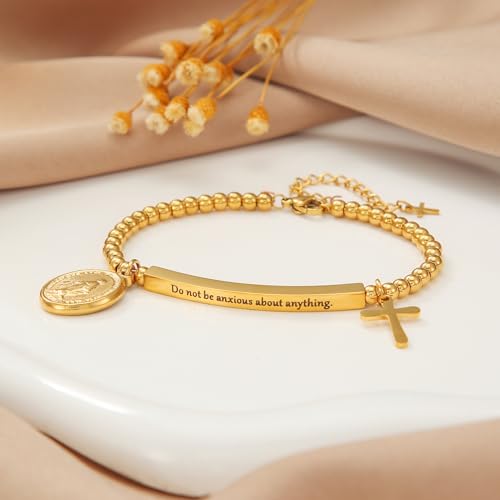 DS Inspirational Bracelet for Women Christian Engraved Bibler Verse Cross Butterfly Daisies Charm Bracelet, Exquisite Stainless Steel Jewelry Daughter Best Friend Bestie - style: Do not be anxious about anything.-Gold