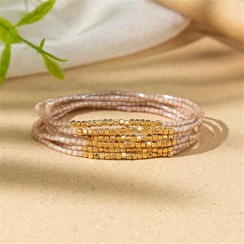 Boho Stackable Seed Beaded Bracelet Set for Women Colorful Multilayered Gold Beads Stretch Bracelets Summer Beach Bohemian Jewelry Gift - color: Champagne