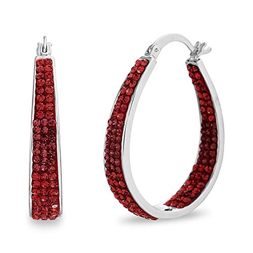 Devin Rose Oval Inside Outside Hoop Earrings for Women Faceted Sparkle Crystals - color: Red