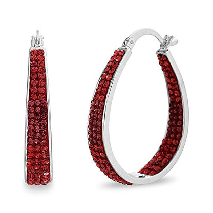 Devin Rose Oval Inside Outside Hoop Earrings for Women Faceted Sparkle Crystals - color: Red