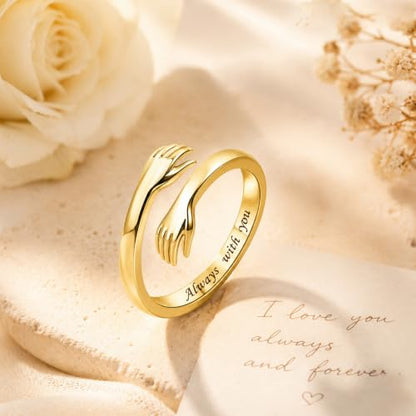 Sterling Silver Hug Ring for Women Teen Girls Adjustable Love Promise Ring Inspirational Open Rings Mothers Day Birthday Gift for Daughter Granddaughter Mom Wife Best Friend - color: 18K Gold / Gift Box (Always with you)