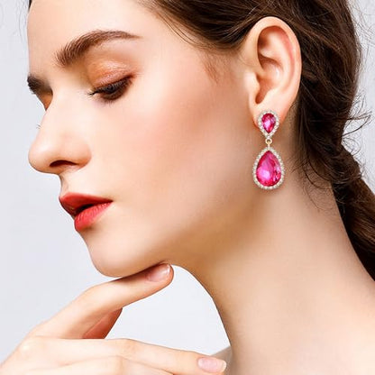 EVER FAITH Women's Austrian Crystal Wedding Tear Drop Dangle Earrings | Bridal Prom Jewelry for Bride Bridesmaid - color: Hot Pink