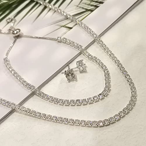 HAXIYA Tennis Necklace Bracelet for Women, Sterling Sliver Jewelry Set, Silver/Gold Chocker Necklace, Crystal Bracelet for Women, Wedding Jewelry for Bride, Sparkly Party Prom Hypoallergenic - color: Classic Set of 3 - Silver