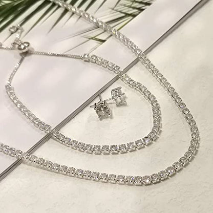 Zeffy Diamond Necklaces for Women, Dainty Gold Necklace 18k Gold Plated Layered Necklaces Simple Gold CZ Diamond Pendant Necklaces for Women Trendy Jewelry Gifts for Girls - color: Silver Jewelry Set
