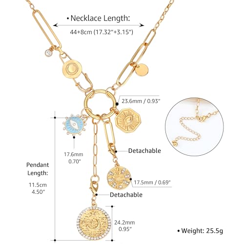Charm Necklace for Women Gold Evil Eye Sun Moon Flower Coin Pendant Necklace Dainty Paperclip Chain Vintage Luck Amulet Choker Necklaces Celestial Jewelry Gift - style: Detachable- Evil Eye, Cobra