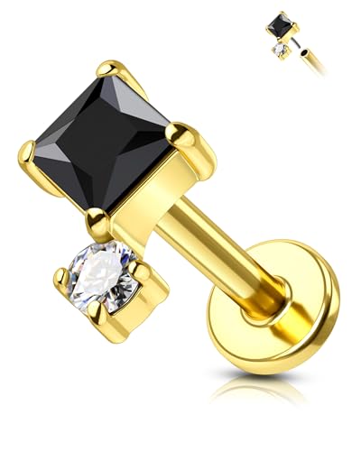 COCHARM 16G Threadless Labret Stud Earrings Flat Back Helix, Tragus, Cartilage,Conch Piercing Jewelry Square CZ Push Pin Lobe Stud 6mm 8mm 316L Steel Silver, Gold - color: Black, size: 1.2x8mm