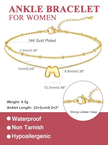 FOCALOOK Initial Anklet Bracelet for Women, 14K Gold Plated Anklets Layer Letter Ankle Chain Non Tarnish, 8.5"+2" Adjustable Large Ankle Summer Beach Foot Jewelry - color: Gold-M