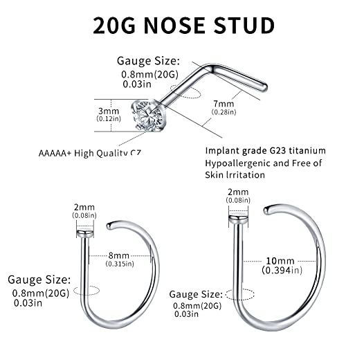 VOJO G23 Titanium 20G Nose Rings Hoops L Shaped Screw Nose Studs Diamond Small Piercing Jewelry for Women Men - color: 4 L shaped +2 Nose Rings,20G