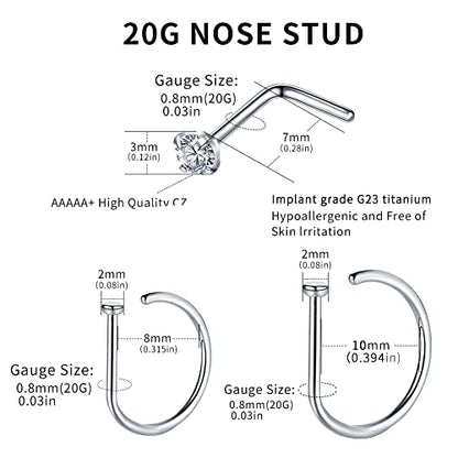 VOJO G23 Titanium 20G Nose Rings Hoops L Shaped Screw Nose Studs Diamond Small Piercing Jewelry for Women Men - color: 4 L shaped +2 Nose Rings,20G