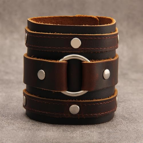 GelConnie Leather Cuff Bracelet for Men Women Wide Leather Wristband Thick Viking Mens Leather Bracelets Gothic Wrist Band Vintage Rock Wristband - style: Brown Leather Wrist