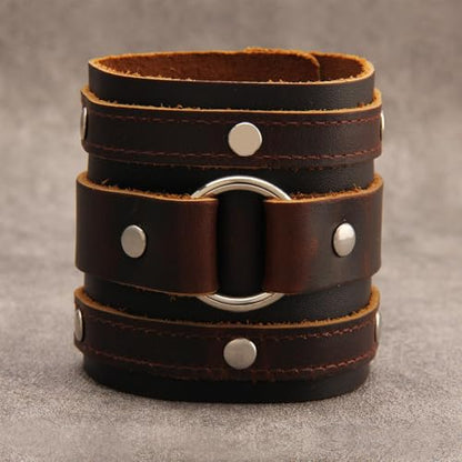 GelConnie Leather Cuff Bracelet for Men Women Wide Leather Wristband Thick Viking Mens Leather Bracelets Gothic Wrist Band Vintage Rock Wristband - style: Brown Leather Wrist
