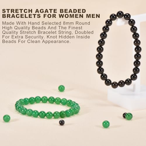 2PCS Agate Bracelet for Women Men Natural Round Beaded Agates Stone Healing Stretch Bracelets Elastic Handmade Polished Gemstone Beads Bracelet - color: Black+Green, size: 8mm Beads