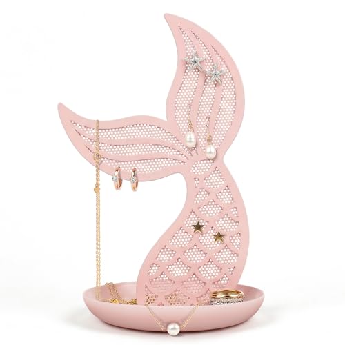 Earring Holder Organizer for Girls, Pink Mermaid Tail Metal Earring Stand with Tray for Rings, Bracelets and Necklaces, Cute Vanity Display - color: Pink Mermaid Tail
