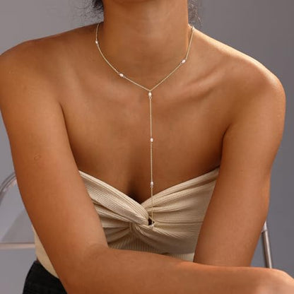 Pearl Necklaces for Women, Dainty Gold Necklace 14K Gold Plated Charm CZ Pearl Pendant Necklace Simple Gold Pearl Choker Necklaces for Women Trendy Wedding Womens Jewelry - color: pearl lariat necklace-gold