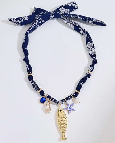 Chunky Gold Fish Pendant Necklace For Women Long Silk Scarf Turquoise Strand Necklace With Fish Pendants Boho Beach Shell Statement Necklaces - style: Scarf Strand