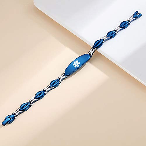 LinnaLove Fashion Shiny medical alert bracelet with Free Engraving Stainless steel Medical id bracelet for Women - color: Blue