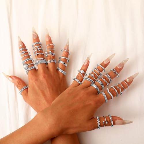 CHICUTIE Gold Knuckle Rings Set For Women Stackable Joint Finger Midi Rings Dainty Cubic Crystal Zirconia Simple Hollow Twist Cute Rings Pack Jewelry Gift - style: 43pcs Silver