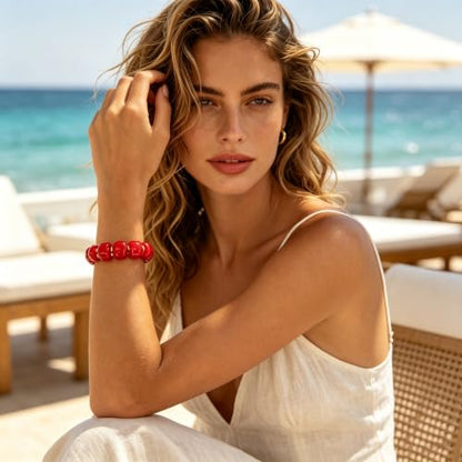 Bead Bracelet for Women Vibrant Color Resin Beads Bracelets Elastic Stretch Chunky Bracelet Boho Summer Beach Vacation Jewelry - color: Red