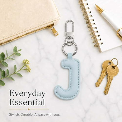 Initial Letter Keychain,Stainless Steel,Colorful Faux Leather Keyring for Backpack,Purse,Car Keys,Gift for Men Women - color: J