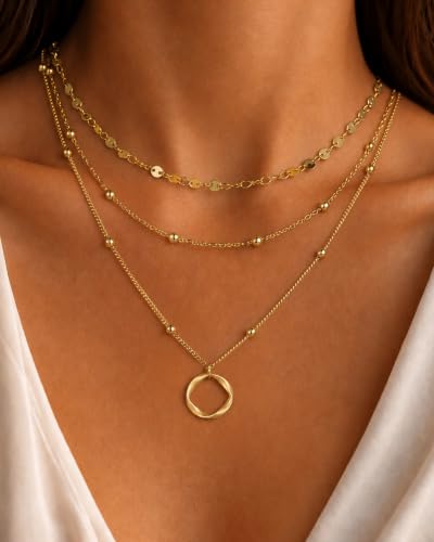 3 Pcs 14K Gold Plated Layered Gold Necklaces Stack for Women Pendant Set | Stackable Layering Design,Lightweight Fit,Tarnish-Resistant Finish,Adjustable Size,Less Tangling,Pretty Gift Jewelry - color: Gold Circle