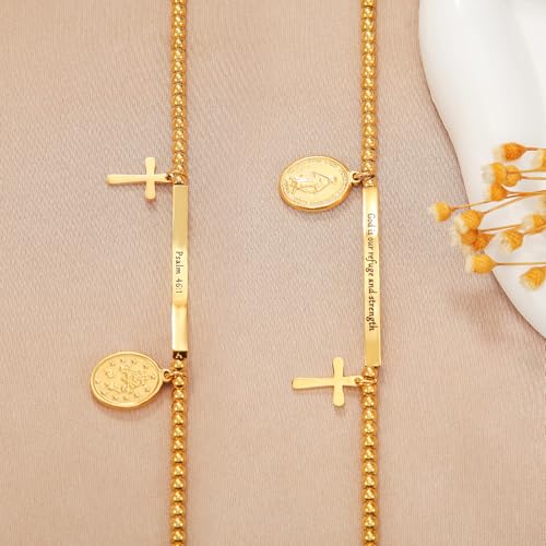 DS Inspirational Bracelet for Women Christian Engraved Bibler Verse Cross Butterfly Daisies Charm Bracelet, Exquisite Stainless Steel Jewelry Daughter Best Friend Bestie - style: God is our refuge and strength-Gold