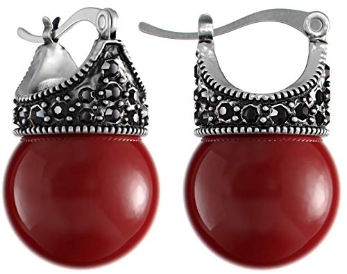 Glass Pearl Earrings Crystal Accent Crown Shape for Wedding, Bridal, Formal & Fashion - color: Red