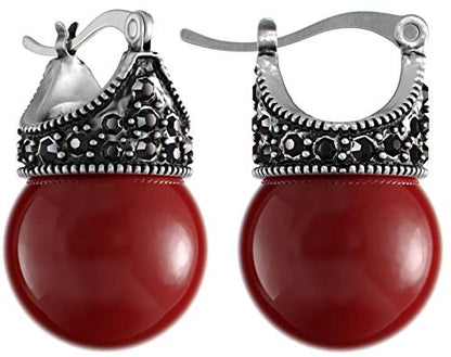 Glass Pearl Earrings Crystal Accent Crown Shape for Wedding, Bridal, Formal & Fashion - color: Red