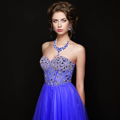 Hicarer Bridal Teardrop Cluster Crystal Jewelry Set for Women Necklace Earrings Wedding - color: Royal Blue