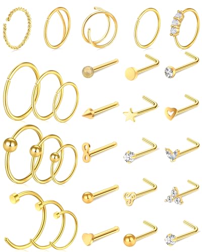 23-40 Pcs Gold Nose Rings & Studs - 18G & 20G Nose Piercing Jewelry - L Shape, Hoop & Screw Body Jewelry for Women & Men - color: Gold-B