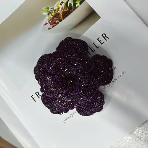 Rhinestone Flower Brooch Pin for Women Men Elegant Sparkly Crystal Camellia Floral Lapel Pins Shawl Dress Suit Clothes Accessories Wedding Party Fashion Jewelry 105mm - color: Purple