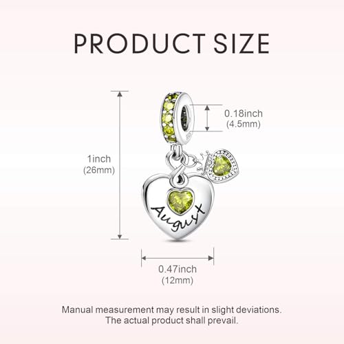 BLUELUNE Birthstone Charms, 925 Sterling Silver Dangle Charm with 5A Cubic Zirconia for Bracelets or Necklaces, Birthday, Mother's Day Present for Women - color: August