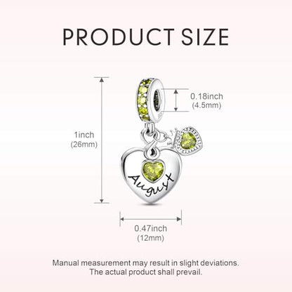 BLUELUNE Birthstone Charms, 925 Sterling Silver Dangle Charm with 5A Cubic Zirconia for Bracelets or Necklaces, Birthday, Mother's Day Present for Women - color: August