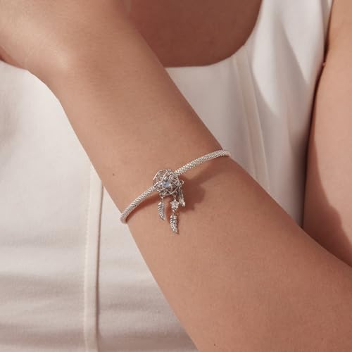 Celestial Bead Charms for Bracelets, Star Moon Dreamcatcher Dangle Charms, Silver Tone Copper, Glass Resin CZ Accents, Charm Beads for Women Jewelry Making, Gift Box Included - color: Star Dreamcatcher Dangle Charm