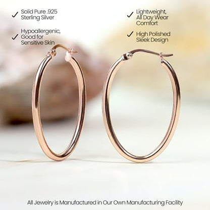 Hoops & Loops 925 Sterling Silver 2mm Oval Click-Top Hoop Earrings for Women, Men 15mm 20mm 25mm 30mm 35mm 40mm, Hypoallergenic Silver, 14k Yellow Gold, Rose Gold Flash Plate, Black - color: Rose Gold, size: 20mm (0.78'')