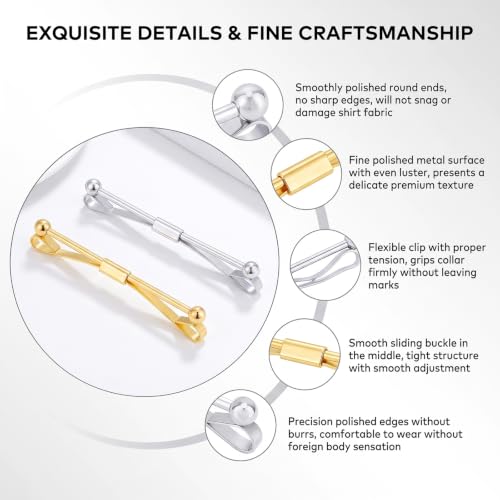 Elandy 2Pcs Mens Tie Clips Shirt Collar Clip Necktie Bar Pinch Clip with Gold Silver Tone Business Tie Pins Collar Holder for Anniversary Wedding Party Meeting